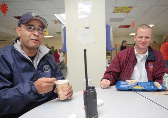 Police Chief Ed Denmark and Fire Chief Rick Sicard stop by the Bromfield shelter for a quick lunch Police Chief Ed Denmark and Fire Chief Rick Sicard stop by the Bromfield shelter for a quick lunch