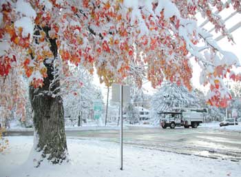 A utility truck drives through the center early on Sunday morning, Oct. 30. (Photo by Lisa Aciukewicz)