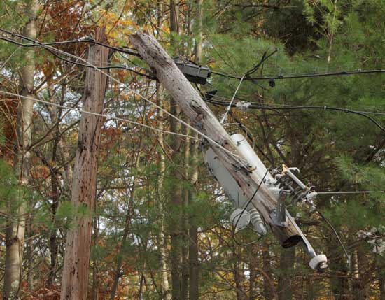 A transformer dangles on a snapped telephone pole on Glenview Drive. A transformer dangles on a snapped telephone pole on Glenview Drive.