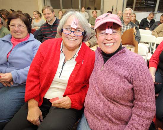 Nancy Cronin (left) and Sue Weber wear their lucky tickets on their foreheads. Nancy Cronin (left) and Sue Weber wear their lucky tickets on their foreheads.