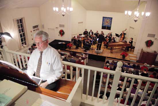 A birds-eye view from the choir loft. Fred McArthur acompanies the orchestra on organ.
