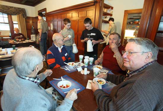 From left, Paul Von Loeseke, Jim DeZutter, Ryan Robinson, Kenny Morin, Bruce Dolimount, and Peter Warren at the Boy Scouts’ Senior Men’s Breakfast in March.