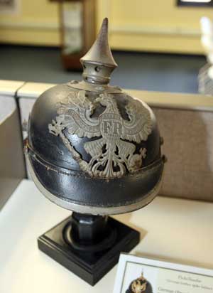 A Prussian helmet on display at the Devens Museum  (Photo by Lisa Aciukewicz)