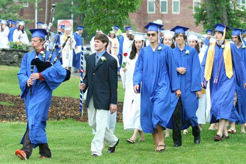 Andrew Byler on the bagpipes leads the class of 2007 to its graduation ceremony.