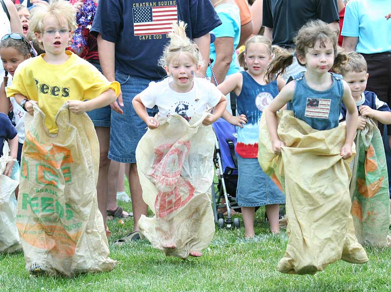 The competition is stiff in the five-and-under sack race.