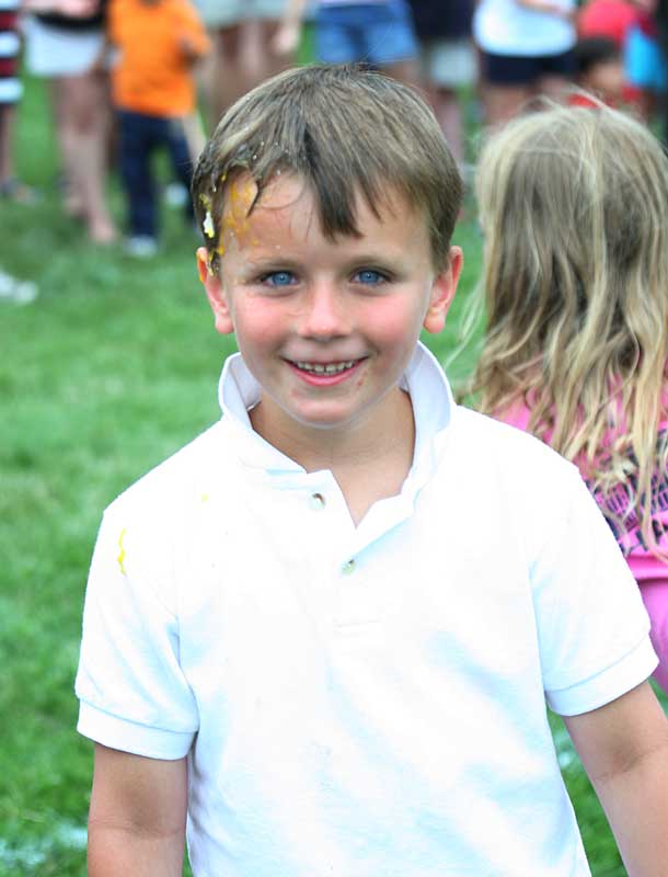 Shane Bilodeau ends up with egg on his face after the egg toss.