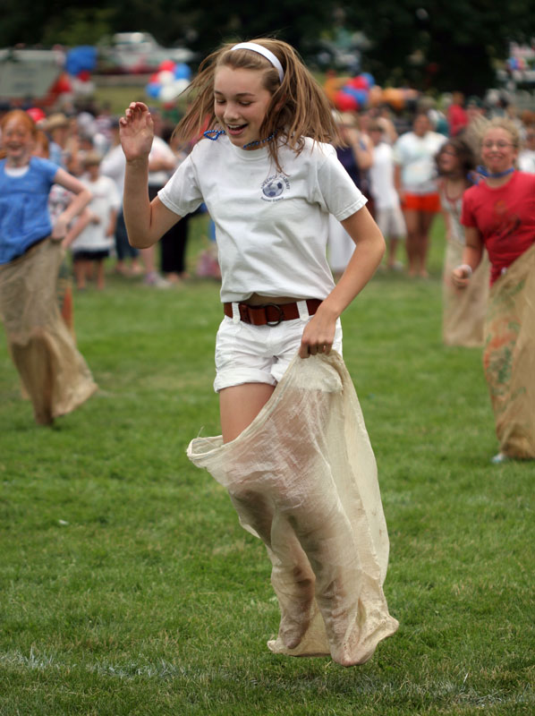 Katja Lierhaus competes in the sack race. (Photo by Rob Williams)
