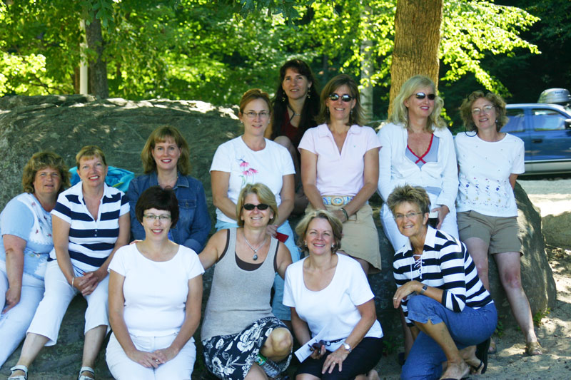Mothers of Bromfield seniors gather at the pond for an informal coffee. Front row, left to right: Andrea Dickson, Anne Marie Rowse, Mary Jo Boynton, Diana Johnson. Middle row: Ginger Quarles, Jayne Blain, Julie Moberly, Mary Jarvis, Pam Cochrane, Melissa Yahia, Mary Valladares. Top row: Liz Hawkes. (Courtesy photo)