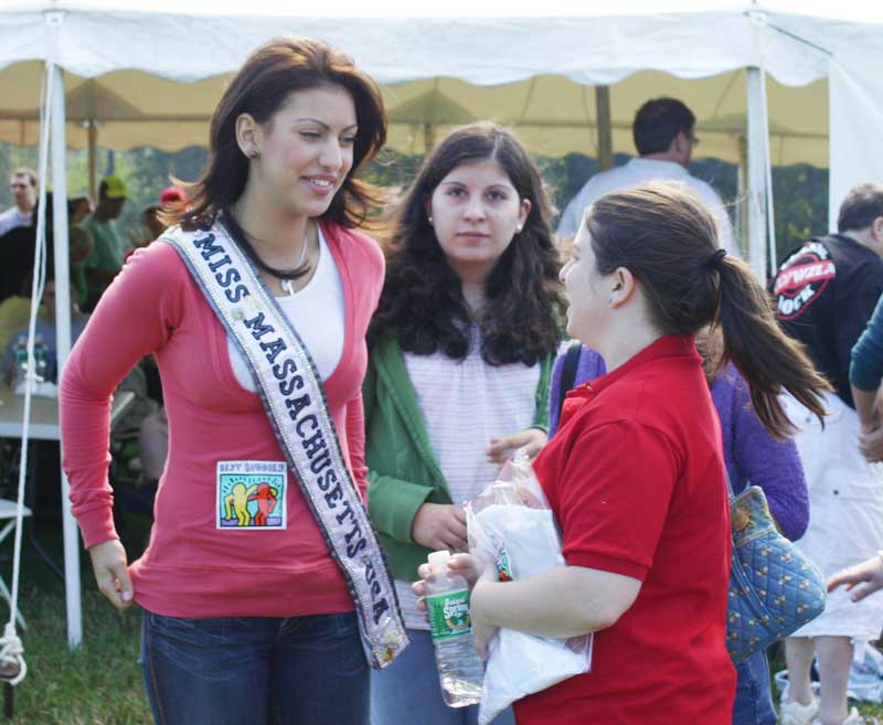 Miss Massachusetts, Despina Delios, chats with Audrey Pacca, Best Buddies Massachusetts state director.