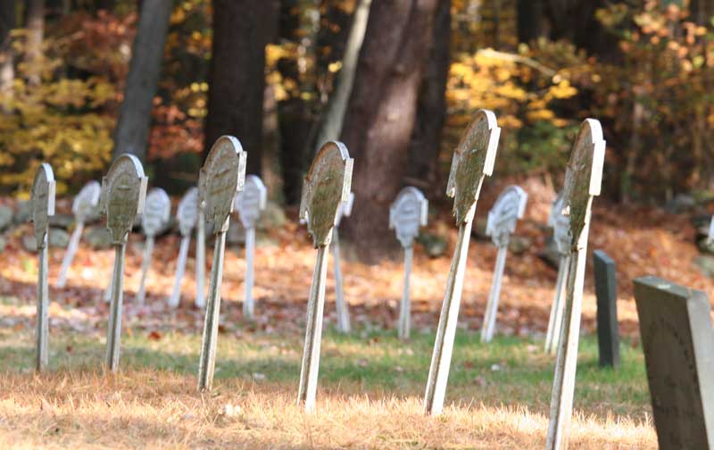 Markers stand in rows in the Shaker “lollipop” Cemetery. Markers stand in rows in the Shaker “lollipop” Cemetery.