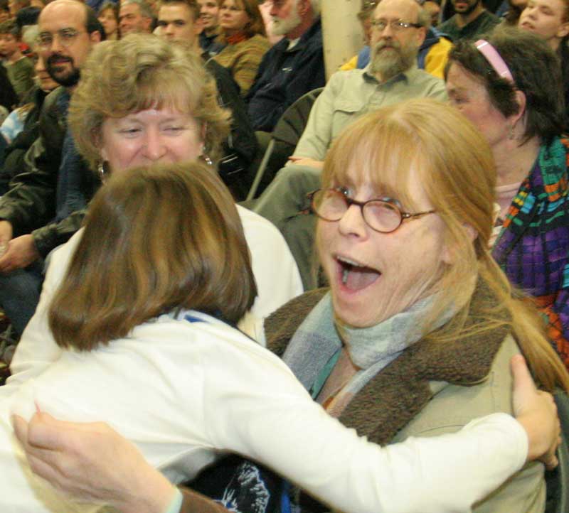 Marylu Hildreth reacts to the news that she has won a new snowblower, one of the most coveted prizes of the evening