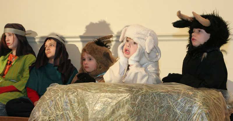 Townspeople and animals (left tor ight) Loren Beale, Matthew Flokos, Ella Corbett, Katie Adams, and Haley Minar.