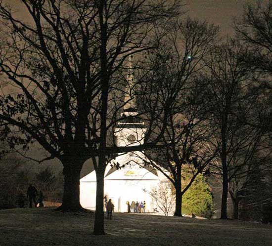 The pageant lets out at the Unitarian Church on the Common.