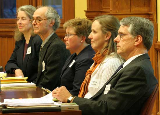 Left to right: School committee candidates Patty Wenger, Brian Stevens, B.J. Pessia, Virginia Justicz, and Keith Cheveralls listen to the moderator during last week’s debate.