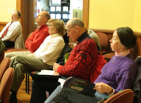 Left to right: Steve Colwell, Darrell Wickman, Willie Wickman, Frederick Hinchliffe, and Deborah Skauen-Hinchliffe listen to the School Committee candidates debate last week in Volunteers Hall.