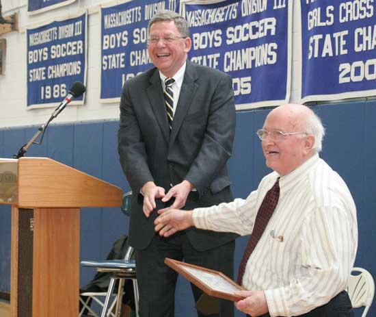 Moderator David “Doc” Westerling presents Bob Lerner with a Citizen of Note award for his many years as a public servant:a selectman, Planning Board member, and ZBA member.