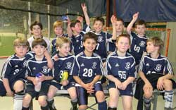 Boys U12 Acton indoor soccer champs. Top Row: Ryan Kennedy, Sammy Swindells, Nate Pappas, Ben L’Ecuyer, Paul Malloy, Nadir Hankour, and Jeremy Sternbach. Bottom Row: Emile Sternbach, Preston Wilkey, Ezra Kraus, and Matt Keefe. Monique Fountaine is the coach in the background. (Courtesy photo)