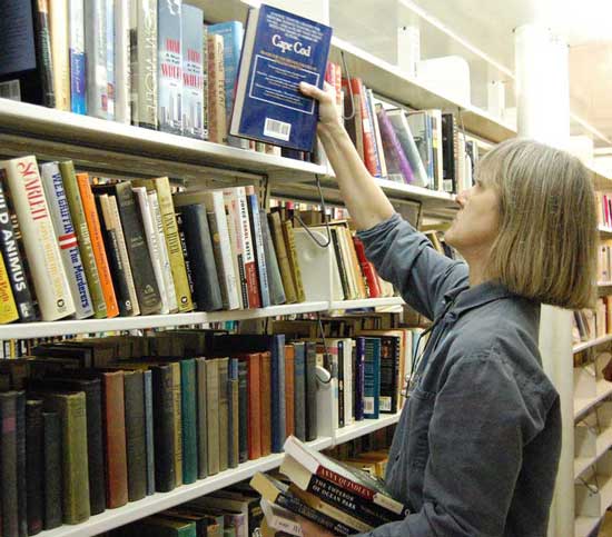 Joan Eliyesil shelves books at the Friends of the Library book sale in the old library last Saturday. (Photo by Laura Zupancic)