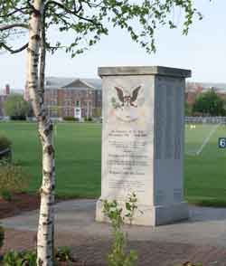 A well-maintained World War II memorial stands across from Vicksburg Square at the corner of Rogers parade field. A well-maintained World War II memorial stands across from Vicksburg Square at the corner of Rogers parade field.