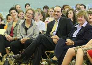 Jen Benson, Andy Perkins, Jamie Eldridge, and Pam Resor enjoy front row seats at Parker’s ‘town meeting’ with Governor Patrick. 