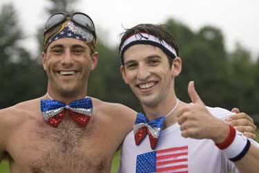 Bromfield graduates Phil Luck, left, and Mike Epstein ran the Great Harvard Road Race in style. (Photo by Ellen Harasimowicz)