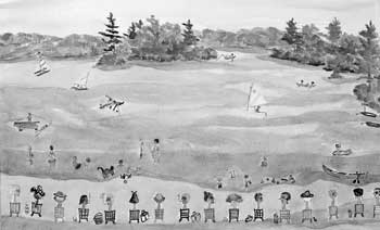 The Beach Bums—a painting by Ellie Buford from the 1970s shows Nancy Brown (center) teaching swimming lessons at Bare Hill Pond. The Beach Bums—a painting by Ellie Buford from the 1970s shows Nancy Brown (center) teaching swimming lessons at Bare Hill Pond.