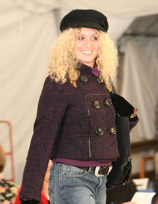 Jen Sundeen models a black and amethyst jacket by Kenzie. 