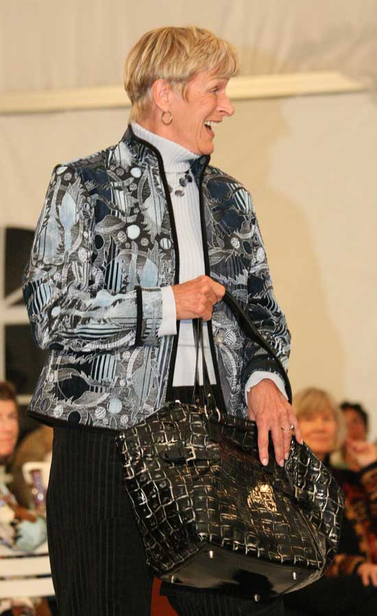 Carlene Phillips wears a beautiful tapestry jacket by Khangura. 