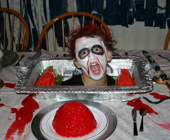 A platter of Adam Lorenz-Kruk greets visitors at the ecumenical youth group’s haunted house.