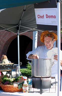 Bromfield's Chef Paul Correnty prepares soup at the Harvard Farmers' Market last October. (Photo by Lisa Aciukewicz)