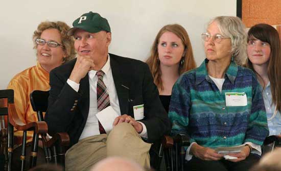 Andy Perkins, Ted Sizer, Daphne Shetar, Nancy Sizer, and Lauren Irwiin listen during the dedication ceremony for new classroom space at the Parker Charter Essential School.