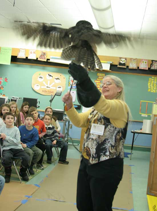 Marcia Wilson of “Eyes on Owls” shows off a great horned owl to a second- grade class at the elementary school.