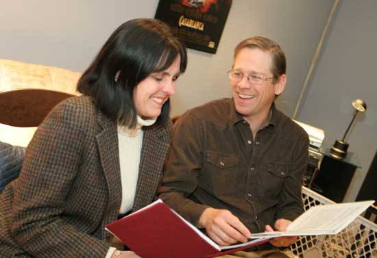 Terry Symula and Tim Clark rehearse their lines for a performace of Love Letters in Volunteers Hall in February.