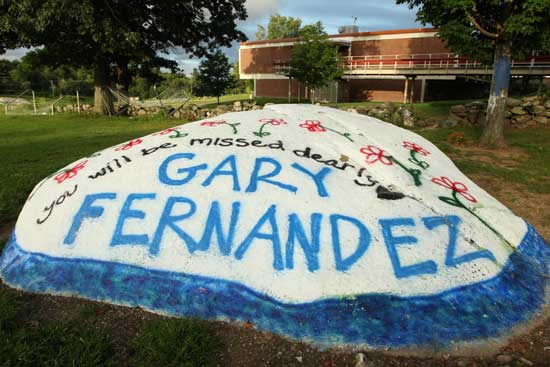 The rock in front of Bromfield stands painted in memory of guidance counselor Gary Fernandez, who passed away suddenly in July.