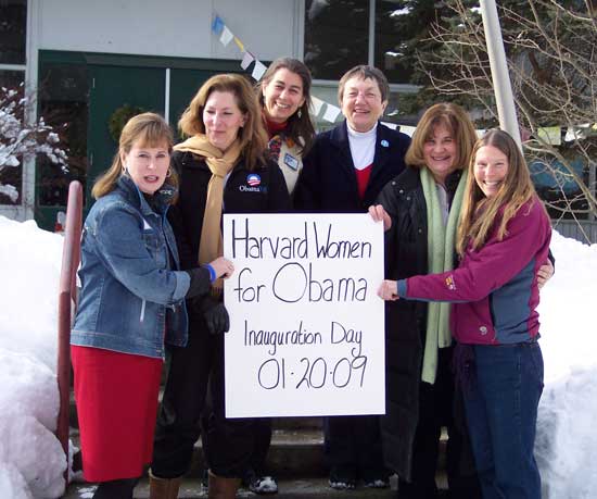 Julie Moberly, Laura Martineau, Susie Macrae, Barbara Kemp, Marcia Croyle, and Cindy Buehner pose before heading to Worcester to watch the inauguration at Mechanics Hall. (Courtesy photo)