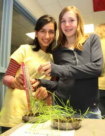 Sama Hague and Kristen Noyes measure the length of grass grown in an experiment that compared growing rates and sources of light (sun, fluorescent, etc.).