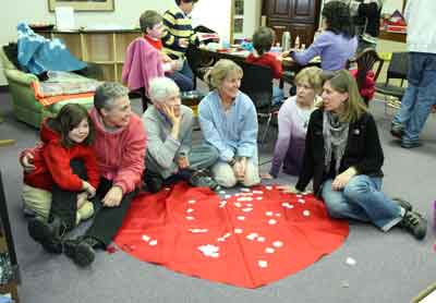 For Art’s Sake volunteers hang out at Art and Cloth during a valentine-making open house. Left to right: Maddie Hill, Helen Hill, Sue Barber, Heidi Siegrist, Greta Minervini, and Pam Cochrane.