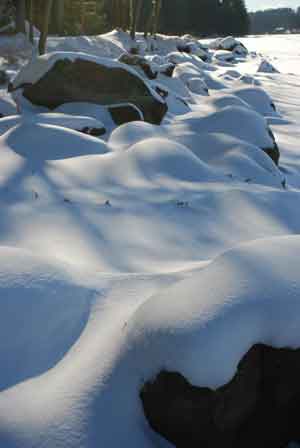 Snow-covered rocks at Bare Hill Pond. (Photo by Sue Fitterman)